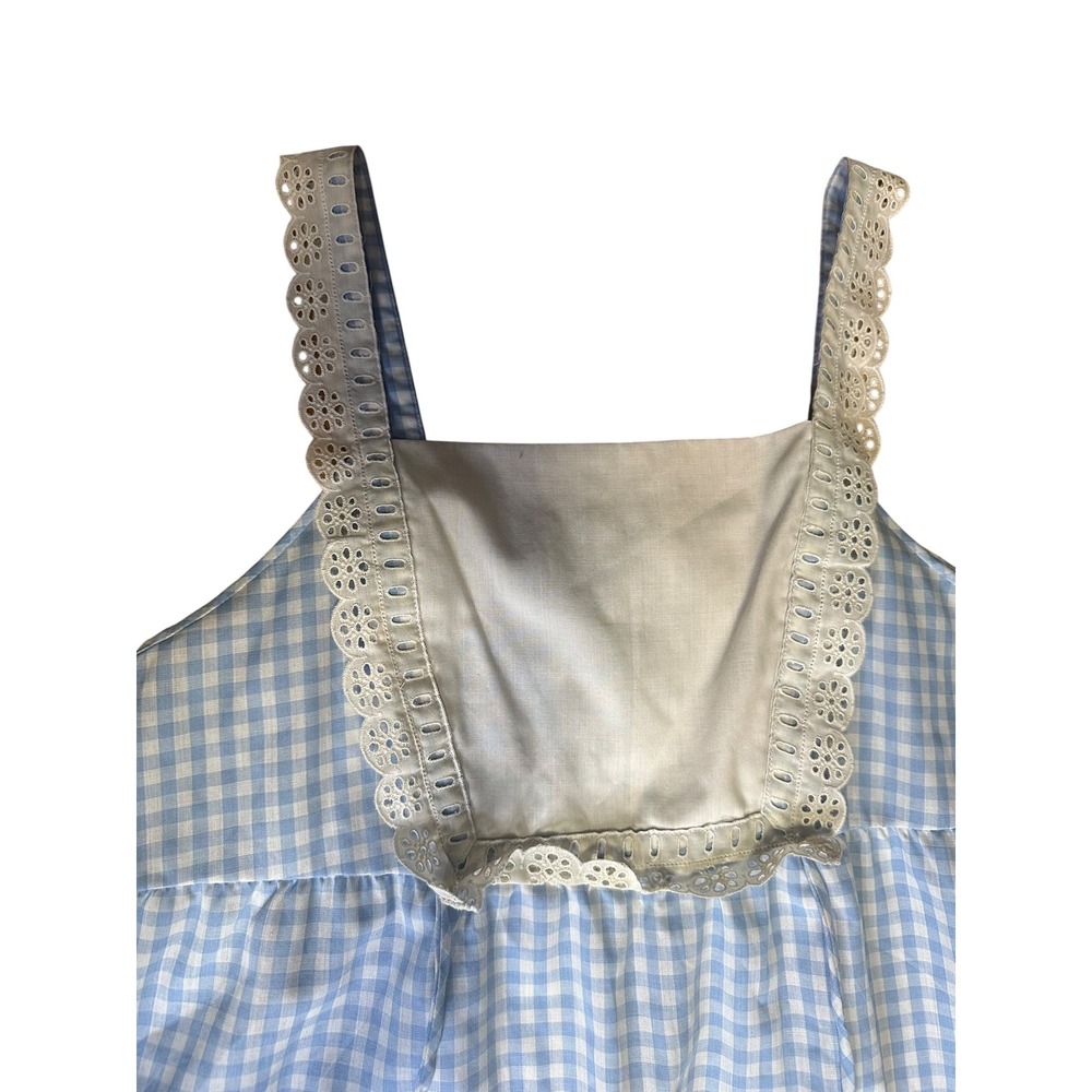 Vintage Sears Gingham Pinafore Dress Blue White Eyelet Lace Cottagecore Babydoll